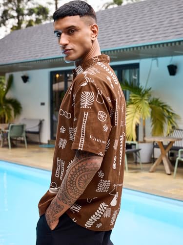 Image of Bewakoof Men's All Over Printed Oversized Fit Half Sleeve Collar Pure Cotton Shirt