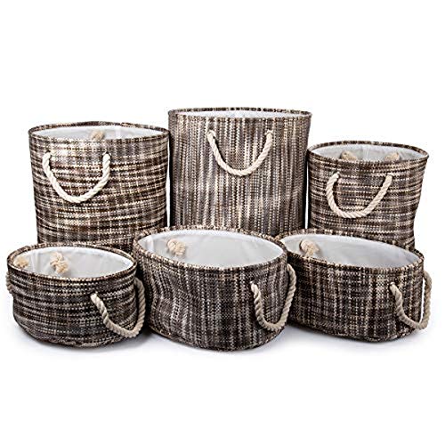 🛒 Crazy Deals Truu Design, Brown CTG Decorative Paper Straw Round Storage Baskets, Set of 6, 15.5 x 18 inches