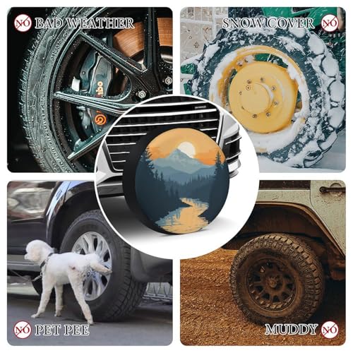 Image of Camping Spare Tire Cover 14 Inch Mountain Adventure Weatherproof Universal Wheel Protectors Watercolor Nature Landscape Universal Fit for Trailer SUV Truck Camper Travel Trailers Accessories