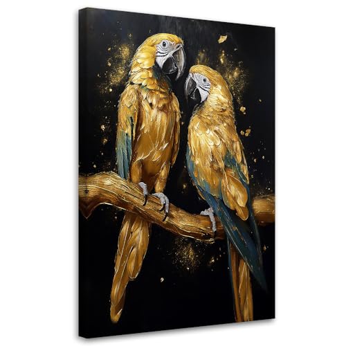 Feeby - Tableau sur Toile - Decoration Murale Peinture - Fleurs d'or Perroquets Animaux - 20x30...
