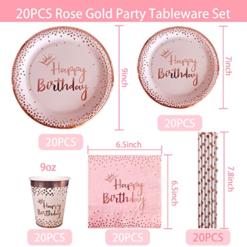 100Pieces Princess Pink Birthday Party Paper Tableware Disposable Sets,Rose Gold Dinner Plates Napkins Cups Dessert Plates And Straws Party Supplies Dinnerware Serve 20 Guests For Girl Women #TOP1