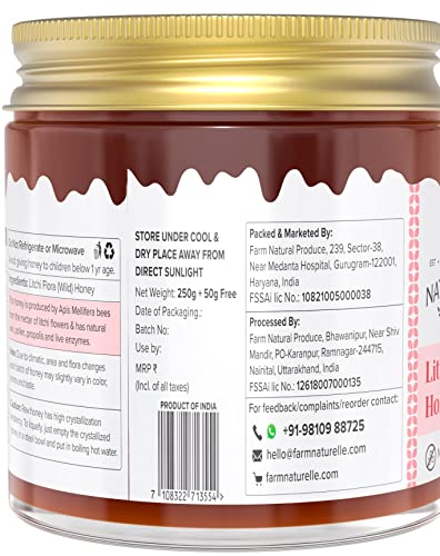 Image of Farm Naturelle Litchi Forest Flower Wild Honey 300gm|100% Pure Honey | Raw & Unfiltered|Unprocessed|Lab Tested Honey In Glass Jar with Engraved Virgin Wooden Spoon