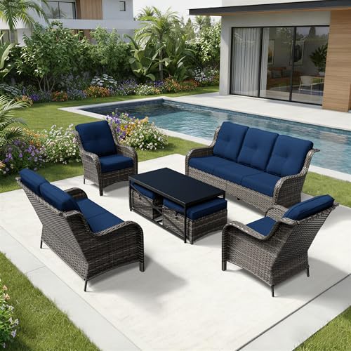 Image of Joyside 7 Piece Wicker Patio Furniture Set, Rattan Patio Chairs with High Back, Deep Seating, Wide Armrest, Thickened Cushions, Outdoor Furniture for Deck, Porch Use