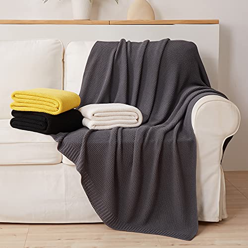 Longhui Bedding Dark Grey 100% Cotton Lightweight Cable Knit Throw Blanket For Couch Sofa Bed Home Large Decorative, Bonus Laundering Bag, Dark Gray 60 X 80 Inch, Machine Washable #TOP4