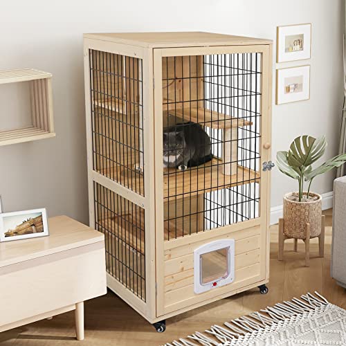 Pantazo Wooden Cat House Large Space Cat Cage With Scratching Post And Lockable Wheels Double Layer Cat House With Escape Door Outdoor/Indoor (Medium) #TOP1