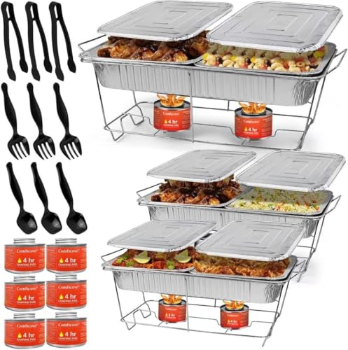 Disposable Chafing Dish Buffet Set, 33 Piece of Chafing Servers with Food Warmers, Covers, Half-Size Food Pans, Water Trays, Serving Utensils, Foil Lids and 4Hr Fuel Cans for Parties, Catering
