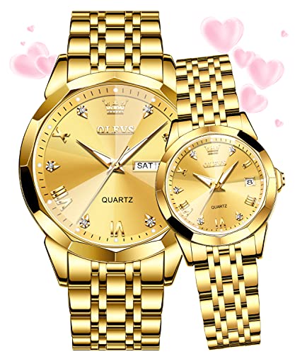 OLEVS Couple Watch His and Her Watch Set Analog Quartz Men and Women Watches Stainless Steel Waterproof Luminous Date Wrist Watch Gold