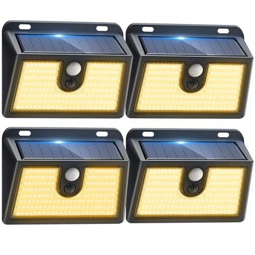 Image of [4 Packs] Solar Motion Sensor Outdoor Lights, Super Bright Solar Lights Outdoor Waterproof, 3 Lighting Modes Security Wall Light for Outside Walking Dog Fence Backyard Deck Garden Door Step Garage
