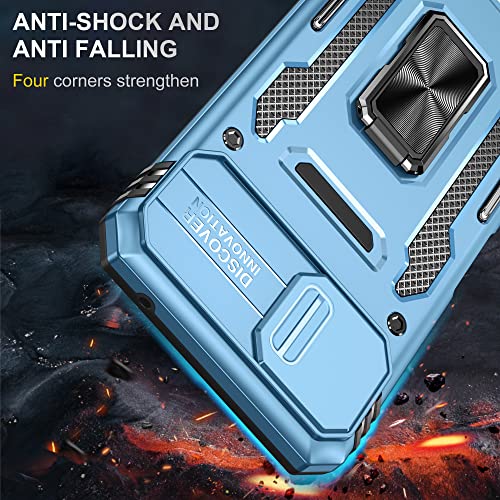 Image of Polycarbonate Slide Camera Cover with Ring Holder Mobile Phone Back Cover for Samsung Galaxy A22 4G /M32 4G (Blue)