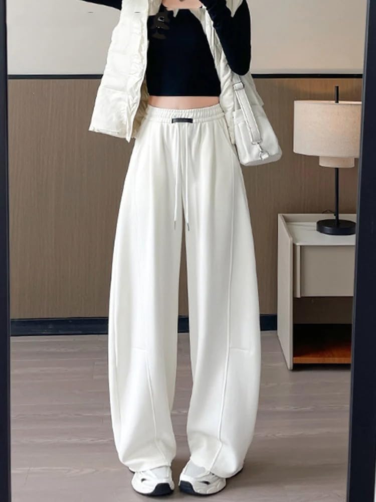 Autumn Drawstring Sports Pants Women High Waist Loose Sweatpants Casual Wide Leg Trousers