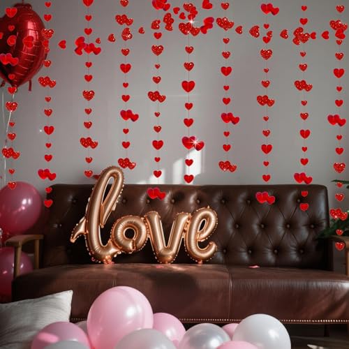 Image of Valentines Day Party Decoration Red Heart Garland 39Ft Glitter Hanging Heart Streamer Love Banner for Anniversary Engagement Wedding Galentines Birthday Bachelorette Mother's Day Party Supplies