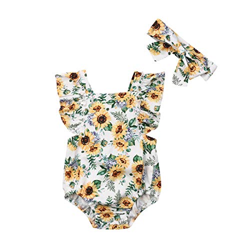 Newborn Baby Girl Sunflower Clothes Ruffle Sleeve Romper Bodysuit Spliced Jumpsuit Overalls Outfits