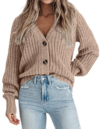 Zeagoo Women's Chunky Knitted Cardigans Long Sleeve Open Front Cropped Cardigans V Neck Button Sweaters