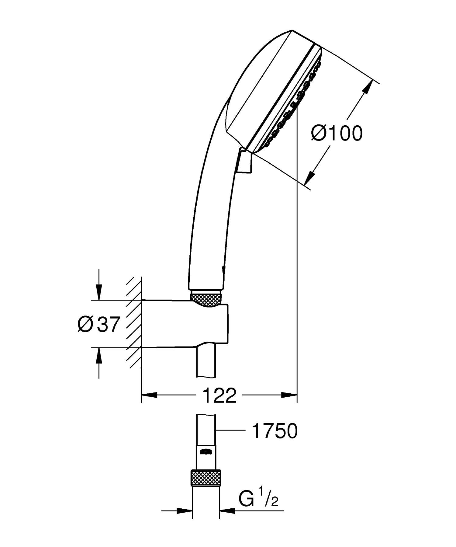 GROHE Vitalio Comfort 100- Set de ducha (teleducha de 10cm con 3 chorros, soportes de pared metal, flexo 1,75 m, menor consumo agua, instalación QuickGlue), cromo, 26176000