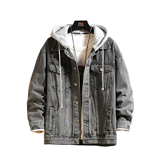 Image of Men's Denim Jacket Distressed Hooded Jean Jackets Baggy Ripped Trucker Coat | Loose Vintage Long Sleeve Denim Hoodie Cotton Button Down Jean Outerwear With Pockets Black Blue Hip Hop Streetwear Casual