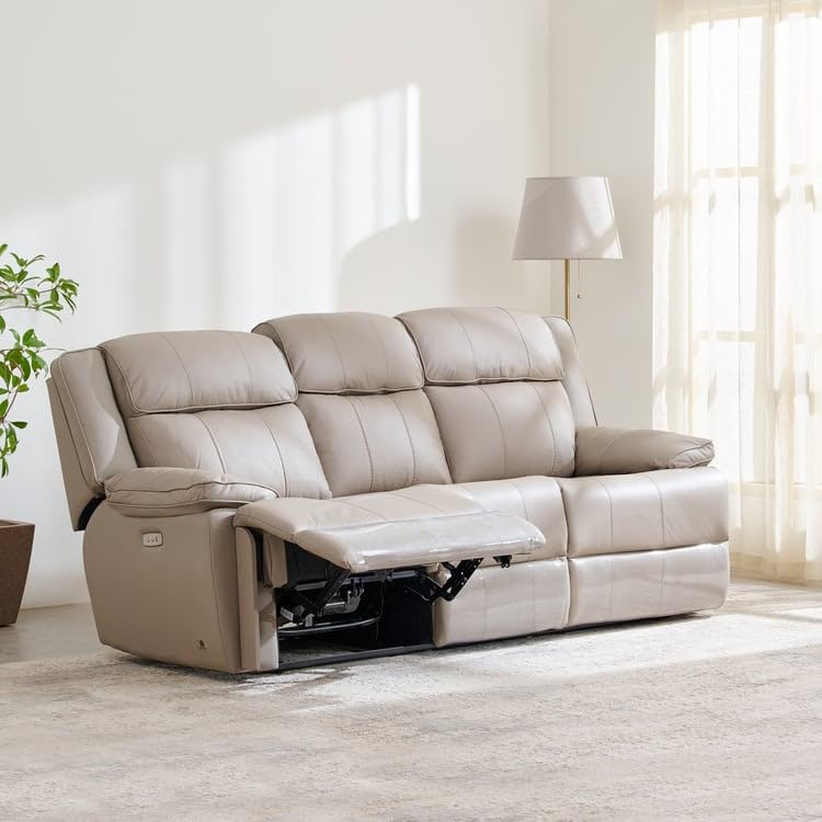 Image of Home Centre | Torino Half Leather 3-Seater Electric Recliner Set | Recliner Sofa for Living Room | Solid Wood | Grey | 2 Year Warranty