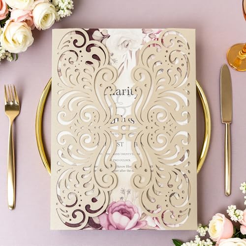 YHOTA 20 Pcs Laser Cut Wedding Invitations Card Pocket for Birthday Party Baby or Bride Shower Invite Fit for 5 * 7 Inches Insert Sheet