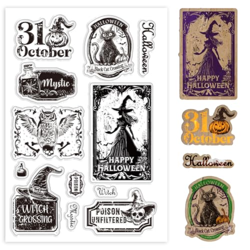 PH PandaHall Happy Halloween Clear Stamps Witch Trick or Treat Clear Stamps Rubber Stamps Cat Transparent Silicone Stamp Paper Craft Stamp for Journal Album Card DIY Crafts Making Scrapbooking Decor