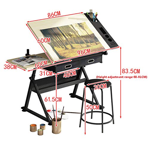 Xionggg Drafting Desk Wooden Drawing Table, Height Adjustable, Tiltable Tabletop 0°-80°, Art Craft Work Station, With 2 Storage Drawer #TOP2