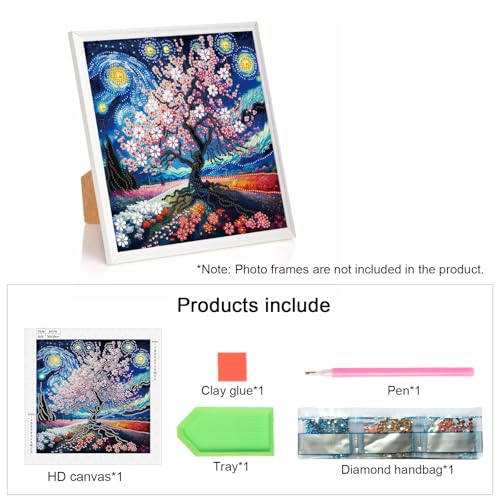 Image of AiYuanzsh 5D Special Shape Diamond Art Kits for Adults, Cherry Blossom Tree Diamond Painting Kit, Starry Sky Style Crystal Rhinestone Diamond Art for Wall Decor Gift, 12x12 Inch