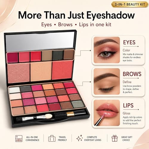 Image of All-in-One Makeup Kit with Mirror - Includes 24 Eyeshadow Palette with Brush, 3 Eyebrow Powder, 3 Lip Gloss, 2 Applicator, Blush Contour and Highlighter Palette for Girl & Womens