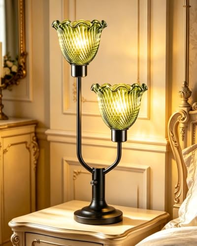 Image of Lightdot Green Glass Flower Table Lamp for Bedroom Vintage Dimmable Lamp