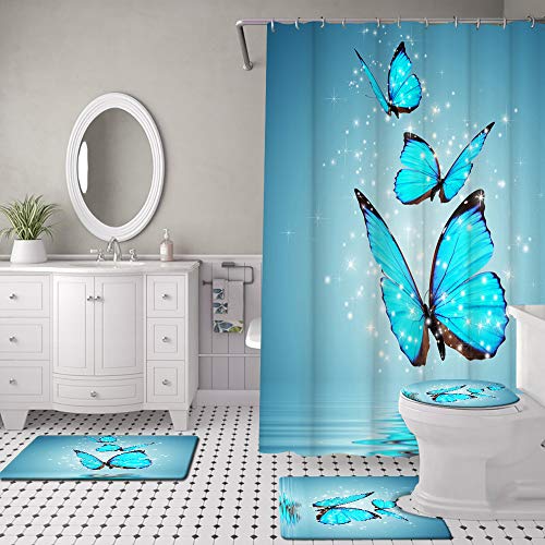 Blue Butterfly Duschvorhang Set mit Rutschfester Teppich, WC-Deckelbezug und Badematte Wasserdicht Stoff Bad… – Bild 4