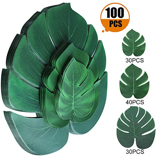 Artificial Tropical Palm Leaves 100 Pcs Plant Faux Safari Leaves Monstera Fake Large Green Leaf for Hawaiian Luau Tiki Aloha Jungle Beach Birthday Theme BBQ Party Table Decorations Supplies (3 Size)