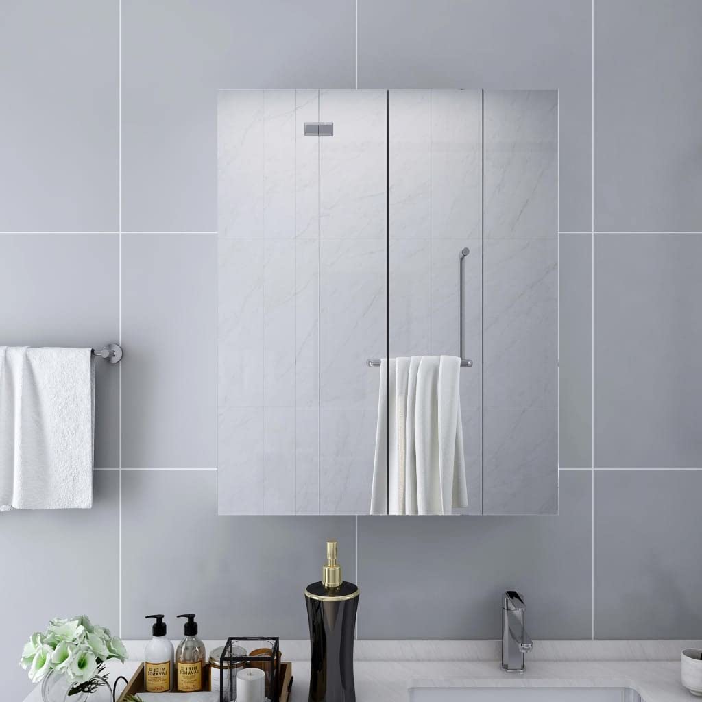 SYDE Espejo Armario Baño Blanco 60x15x75 cm MDF | 2 Puertas, 3 Compartimentos, Estante de Vidrio, Pared, Almacenamiento de Tocador