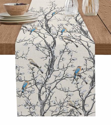 Falaniique Tree Branch Bird Table Runner 108 Inches Long, Cotton