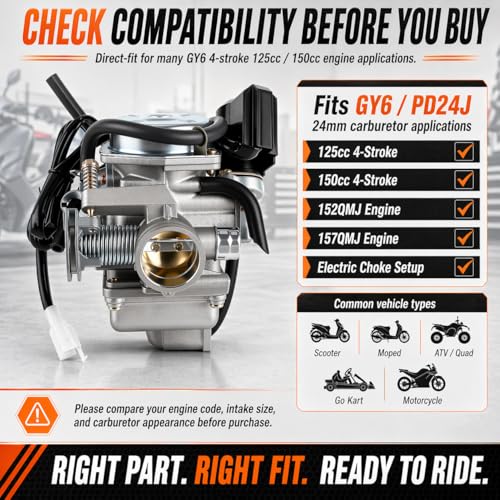 Image of GY6 Carburetor 150cc Fits for 4 Stroke 125cc 150cc 157QMJ 152QMJ Engine Moped ATV Go Kart Motorcycle Scooter 24mm PD24J Carb with Intake Manifold and Air Filter