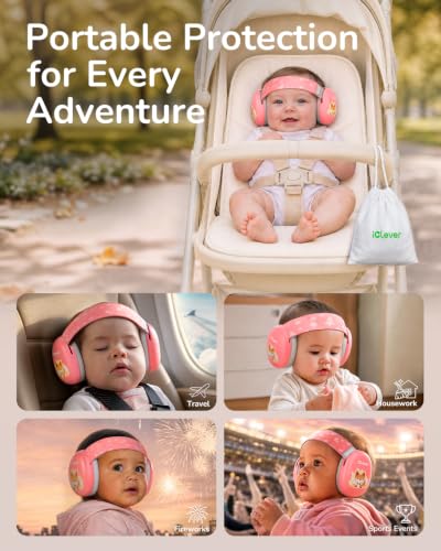 Image of iClever Baby Headphones for Noise Protection for 3-36 Months, NRR 18dB | 15 Adjustable Anti-Slip Headband, Washable, Baby Ear Muffs Noise Protection for Fireworks /Airplane /Sport Event, Focus EM03