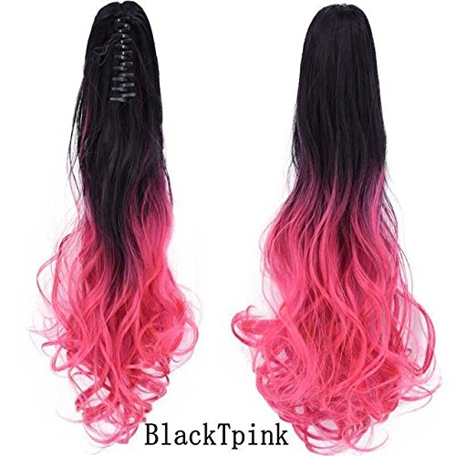 Extensiones de pelo largo ondulado, de 56 cm, con pinza, en dos tonos,(negro, rosa)