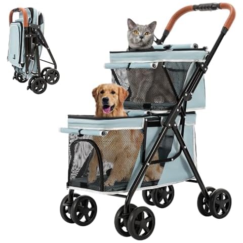 LPOTIUS Double Pet Stroller for Dogs and Cats, One-Hand Folding Dog Stroller Travel Carriage for Small Medium Dogs Cats, 4 Wheels, Blue Cover