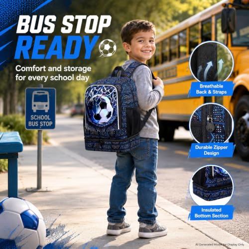 Image of HPJGD 2-in-1 Kids Backpack for Boys, 17 inch Soccer Elementary Bookbag Set with Built-in Lunch Compartment, Water-Resistant School Bag for Preschool - Thrash Net Soccer