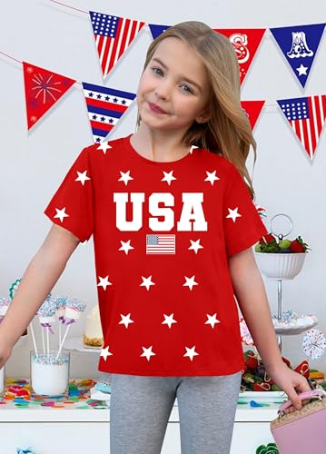 Image of CAZYCHILD Girls American Flag Patriotic Shirt Boys 4th of July Short Sleeves Tshirt USA Clothes for Kids 5-14Y