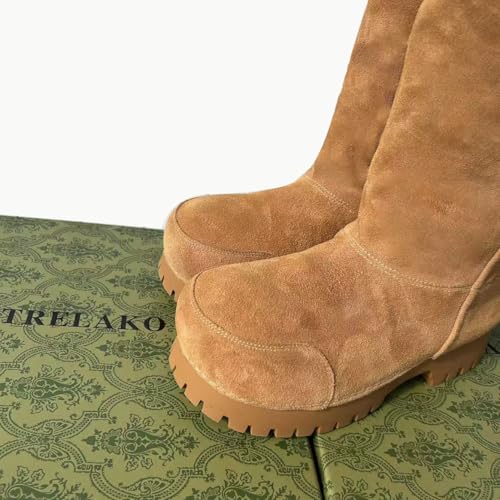 Platform Snow Boots for Women Suede Classic Fur Hippy Mid Calf Winter Boots Slip On High Boots Comfortable Chunky Trending Shoes Biege3