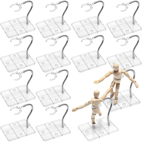Image of Wonderjune 12 Pcs Action Figure Stands for 8 to 12 Inches Dolls Flexible Assembled Action Figure Display Holder with Adjustable Metal Support Arm Stands Base (Clear)