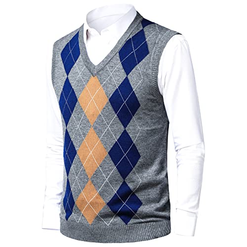 Olyljpinz Mens Argyle Sweater Vests V-Neck Sleeveless Pullover Classic Business Knitwear Wool Cardigan Autumn Winter Vest Grey #TOP1