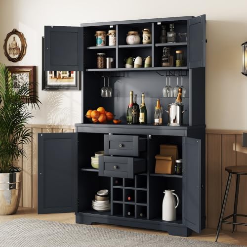 MERITLINE Farmhouse Pantry Storage Cabinet, 73" Kitchen Hutch Cabinet, Wine & Coffee Bar with Drawers and Racks (Dark Blue)