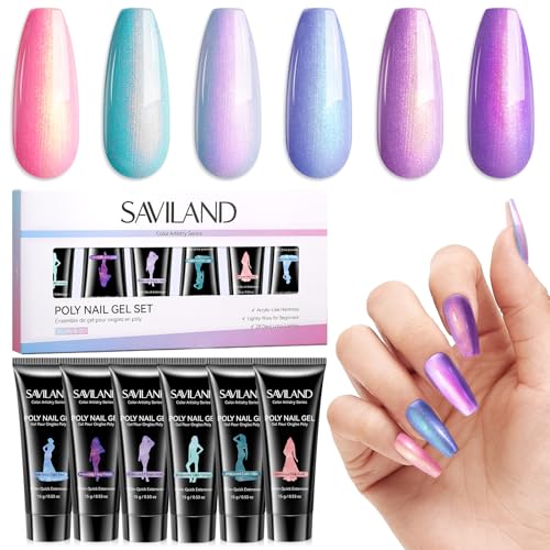 SAVILAND Hema-Free Poly Gel Nail Kit: 6 Colors 28-Day Lasting Poly Gel Fine Shimmer Pink Blue Purple Poly Extension Gel Nail Kit Beginner-Friendly for Nourishing Nail Extension Enhancement Home DIY