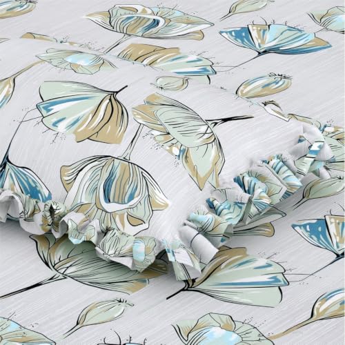 Image of King Size Fitted Bedsheet for Double Bed | 300 TC Cotton Feel Microfiber | All Around Elastic with 2 Frill Pillow Covers | Soft & Durable | (FloralWhiteFrill, Fitted - Double72x72)