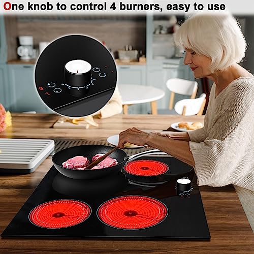 Image of Karinear 24 Inch Electric Cooktop 4 Burners Electric Stove Top, 220-240v Built-in Electric Ceramic Cooktop with Knob Control,9 Power Levels, Black Glass,No Plug