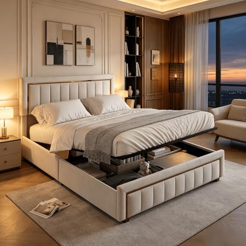 HYNHXBP Lit Coffre 160x200 cm avec Sommier, Tête de Lit en Velours avec Détails Argentés, Lit rembourré avec sommier à Lattes, Lit 2 Personnes, pour...