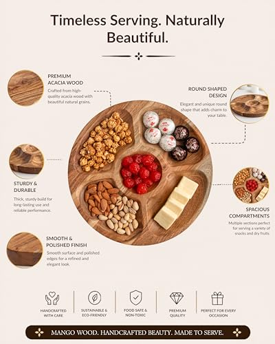 Image of Aurum Crafts Round Acacia Wood Snack Serving Platter | Premium Wooden Serving Plate for Snacks, Appetizers & Dry Fruits | Elegant Kitchen & Dining Table Platter