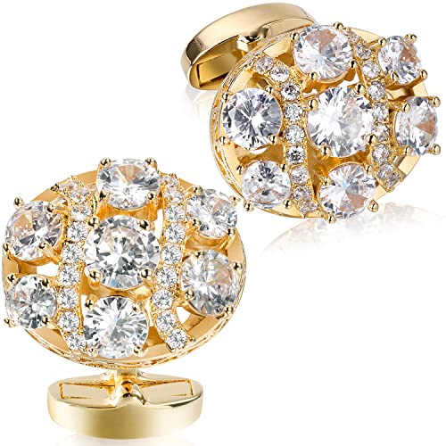 Image of HAWSON Cufflinks for Men, Gold Diamond Crystal Cufflinks for Groom Husband Personalized Gifts, Mens Formal Wedding Business Cufflinks, Luxurious Gorgeous Cuff Links French Shirt Accessories