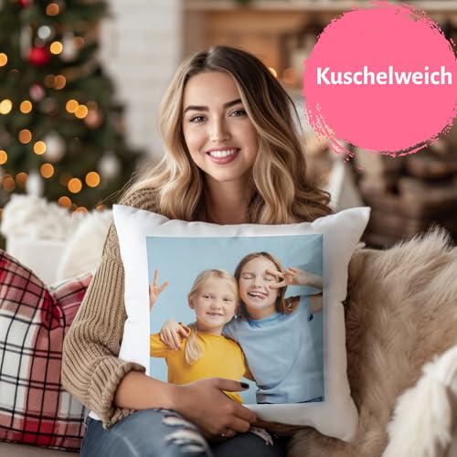 MyPrezzie Kissen mit Foto - personalisiert mit deinem eigenem Foto - Kopfkissen mit Foto | Herzkissen, Flauschiges Kissen | Doppelseitig, Opt. Füllung, Geschenk, Verlobung, Weihnachten