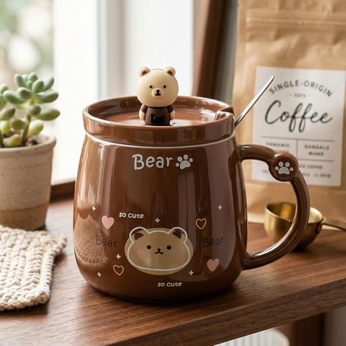 Image of BonZeal Aesthetic Brown Teddy Bear Mug with Lid & Spoon (380 ML) | Ceramic Coffee Mug | Unique Birthday Gift, Return Birthday Gift, Rakhi Gift for Brother | Panda Mug Style Mugs for Coffee