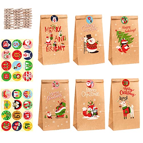 Calendrier de l'Avent a Remplir Soi Meme, 24 Sac pour Calendrier de l'Avent, Sacs-cadeaux de Noël, 24 Clips et Autocollants Numériques, Calendrier de l'Avent de Noël Bricolage Cover