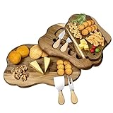 3-Tier Acacia Wooden Cheese Board, Charcuterie Boards with Knife Set, Wood Serving Platter Tray Cutting Board and Chopping Board, Cheeseboard Gift Set for Housewarming, Birthday, Wedding